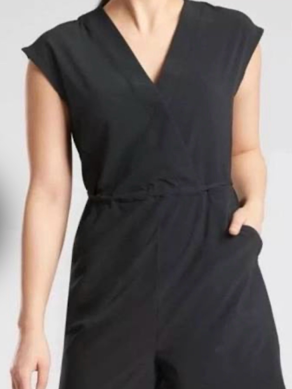 Athleta Black V-Neck Tie-Waist Romper. PTP 20”